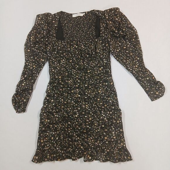 ASTR The Label Victoria Ruched Long Sleeve Black Blush Ditsy Floral Dress Medium - Picture 2 of 8